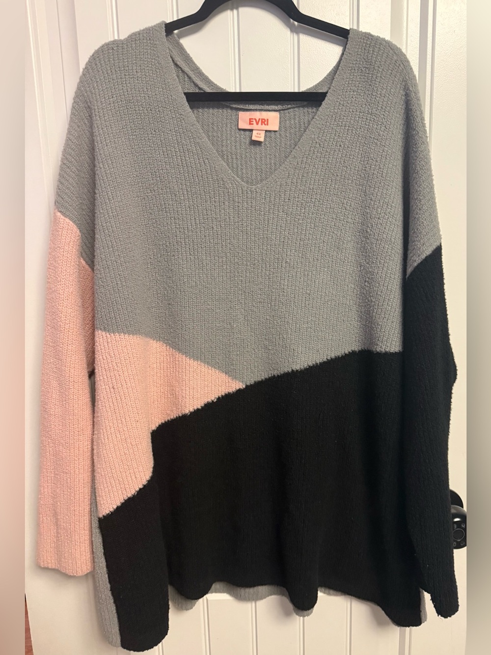 Colorblock V-Neck Sweater in Gray, Pink & Black